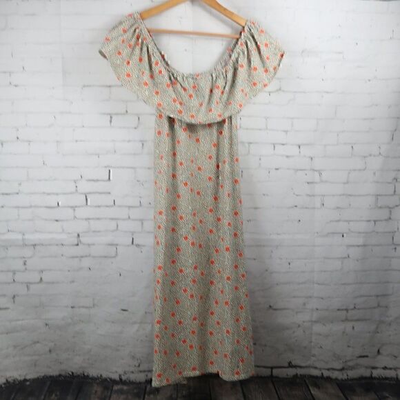 ORANGE FLORAL OFF THE SHOULDER RUFFLE MIDI DRESS SIZE MEDIUM - Picture 1 of 7